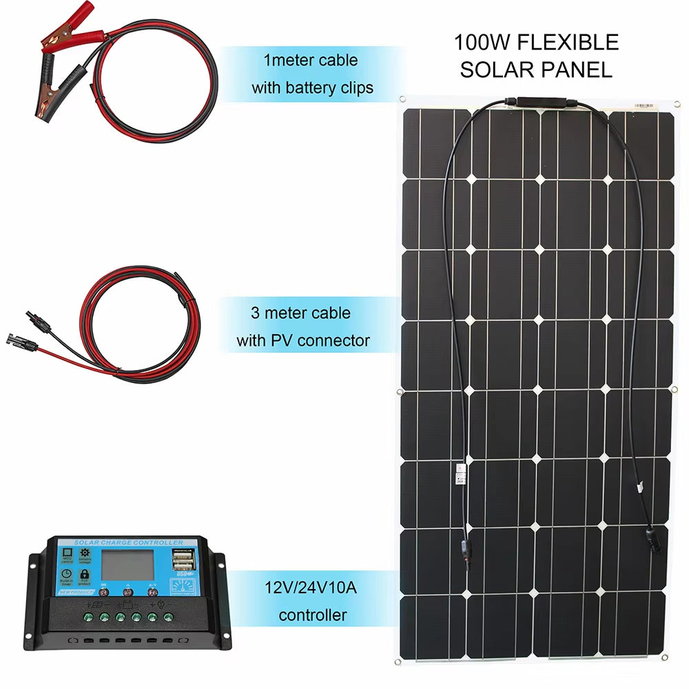 1000W Flexible Solar Panel 12V 24V Panel Solar 100W Monocrystalline Battery Charger for Rv Electric Car Camping Yacht